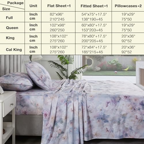 Image of Shabby Floral Chic Sheets, King Size 100% Cotton Percale Purple Flower Sheet Set, Soft Crisp Vintage Bed Sheets, Deep Pocket Fitted Sheet, Luxury Cozy House Bedding, Butterfly Print, 4Pcs