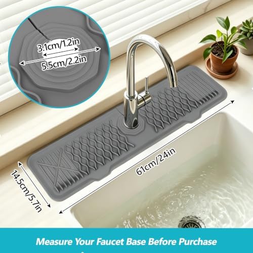 comfoyar Gray Silicone Kitchen Sink Faucet Mat, 24 x 5.7 Inch Waterproof Self Draining Sink Mat with 7° Slope and Adjustable Hole, Quick Dry Splash Guard for Bathroom and Kitchen Countertop Protection - 1