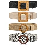 XZQTIVE 4 Stück Stroh Gürtel Stretch Gürtel gewebt elastische Taille Gürtel Damen Skinny Kleid Gürtel hölzerne Schnalle Taille Kleid Band, Schwarz/Beige/Gestreift/Khaki, 100cm