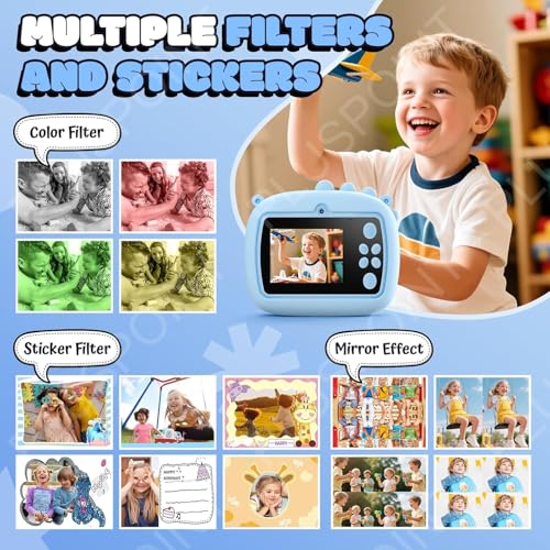 Image of PLUSPOINT Cute Cartoon Instant Print Camera for Kids, Dual Selfie Digital Camera with 1080P HD Videos Recoding, Instant Photo Printer Best Birthday Gift for Boys and Girls