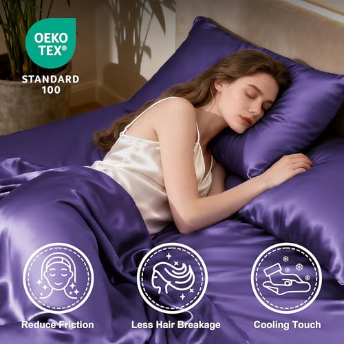 Image of Love's cabin Satin Queen Sheets Set - 4 Piece Purple Silky Bed Sheets Set with Deep Pocket, Luxury Silk Feel Satin Queen Size Sheet Set (1 Flat Sheet,1 Fitted Sheet,2 Pillow Cases)
