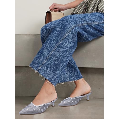 Image of Women Kitten Heel Mules Crystal Flower Decor Mesh Pointed Toe Low Heel Casual Pumps