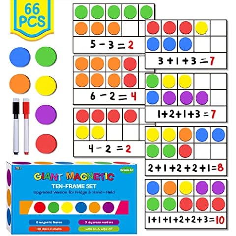 Magnetic Ten-Frame Set,6 Frames(with Blank Writing Space) and 66 Colorful Discs with 2 Markers (Upgraded Version for Fridge & Hand-held) Cover