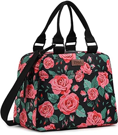 PBRO Insulated Lunch Bag for Women,Large Reusable Lunch Tote with Adjustable Shoulder Belt,Cute Red Rose Floral Portable Lunch Box Cooler Bag,Perfect for Adult Girls School Picnic,Office,Working -Red
