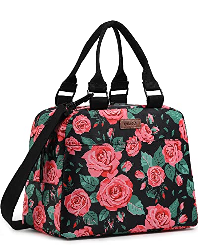 Pbro Insulated Lunch Bag For Women,Large Reusable Lunch Tote With Adjustable Shoulder Belt,Cute Red Rose Floral Portable Lunch Box Cooler Bag,Perfect For Adult Girls School Picnic,Office,Working -Red #TOP2