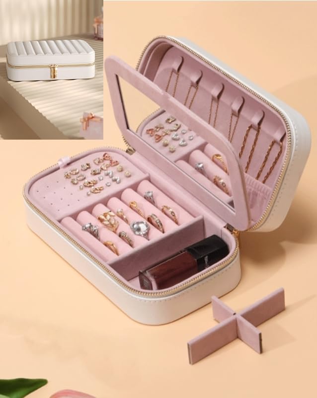 Takı Organizeri Beyaz Mücevher Kutusu Gold Renk Fermuarlı Yüzük ve Küpe Bölmeli 21x11x6 cm