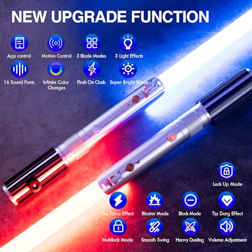 GADGETS 4 EVERYONE G4E Lichtschwert mit Bluetooth App, Smooth Swing, 16 Sound-Schriftarten, unendlicher RGB-Farbwechsel, Bewegungssteuerung, Upgrade RGB v3.0, Lichtschwert für Erwachsene und Cosplay