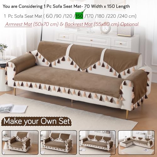 Image of HOKIPO Premium Holland Velvet Sofa Cover with Tassel for 1 /2 /3 Seater & L Shape Sofa | Make Your Own Set, 'TasselTone Series' Sofa Mat, 70(W) x 150(L) cm, Warm Taupe (IN-1107-BRN)