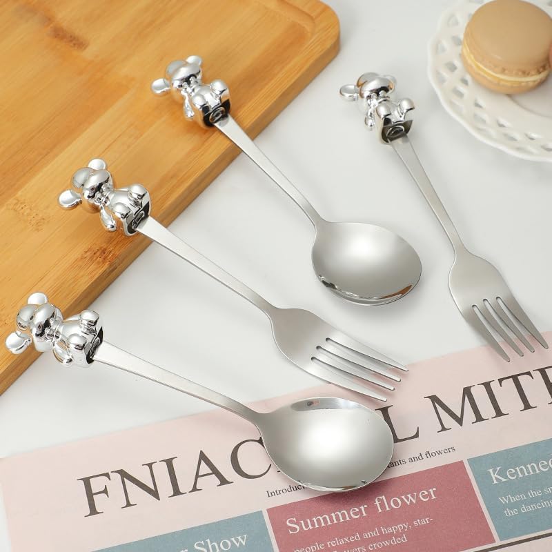 Silverware Flatware Set, 1/4/6/8/10pcs Creative Cartoon Bear Stainless Steel Spoon Household Spoon Dessert Spoon(10Pcs)