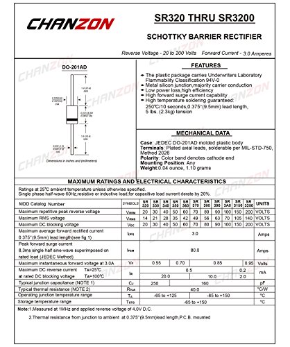 (Pack Of 20 Pieces) Chanzon Sr360 (Sb360) Schottky Barrier Rectifier Diodes 3A 60V Do-201Ad (Do-27) Axial 3 Amp 60 Volt #TOP1