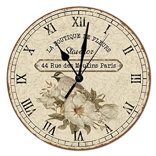 Vintage Style Round Wood Wall Clock French Vintage Flower Roman Numerals Wooden Clock Battery Operated Silent Non-Ticking Large Clocks for Cottage Living Room Bedroom Walls 10x10in Decor