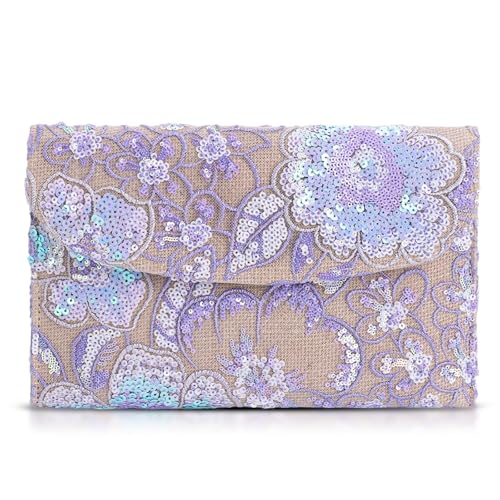 Image of Clutch Purses for Women, Envelope Package, Sequin Embroidered Flowers Straw Bag, Bohemian Handmade Handbags