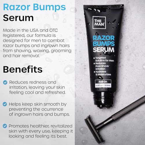 The Man Razor Bumps Serum - Ingrown Hair Treatment for Men - Razor Bump Treatment for Men - Face & Body After Shave & Razor Burn Treatment - Metal Roll On Soothes Skin & Calms Irritation (3.5fl.oz)