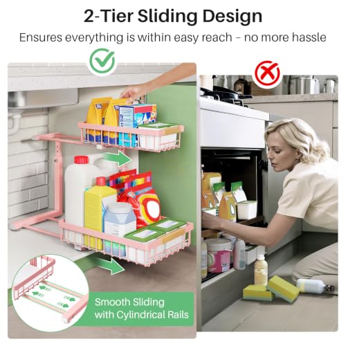 Image of Kitstorack Under Sink Organizer, 2 Tier Under the Sink Storage, Slide out Pull out Cabinet Organizer Shelf, Metal Sliding Drawer for Kitchen Bathroom Pantry Closet Organization Rack, Pink, 2 Pack