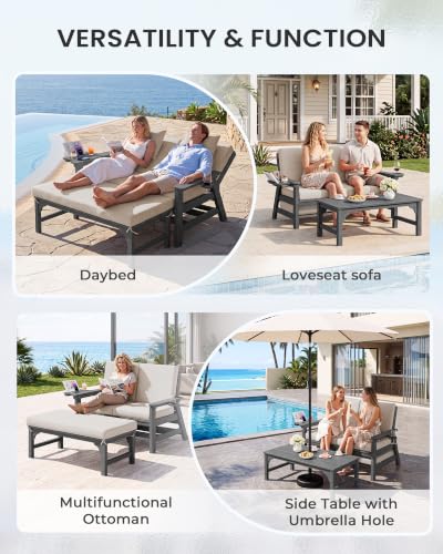 Image of SERWALL 2-in-1 Convertible Sofa Daybed with Cushions & Ottoman Table Set | HDPE 4-Position Reclining Outdoor Patio Lounge Chair, 4-in-1 Cup Holder Daybed Sofa Furniture, Grey Frame with Khaki Cushion