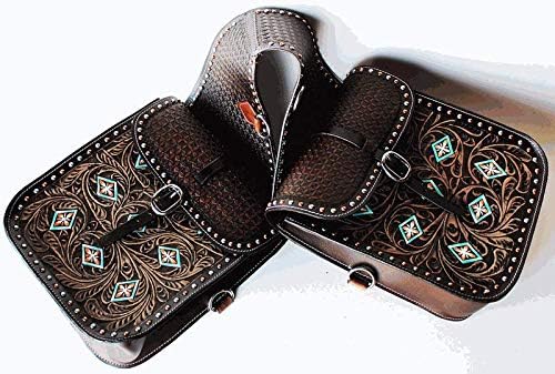 Horse Saddle Bag Cowhide Genuine Leather Western Equestrian Trail Tooling Carving Horse Saddle Bag Tooled Carved Pack Equipment Horse Saddle Bags Size: 10” L x 10” W x 3 ½” D inches, CRVD05
