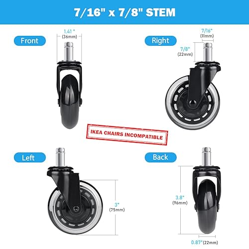 Miniatura 2 de Hirate Ruedas de repuesto para silla de oficina, versión mejorada para evitar pelusas y polvo, ruedas resistentes para sillas de escritorio que