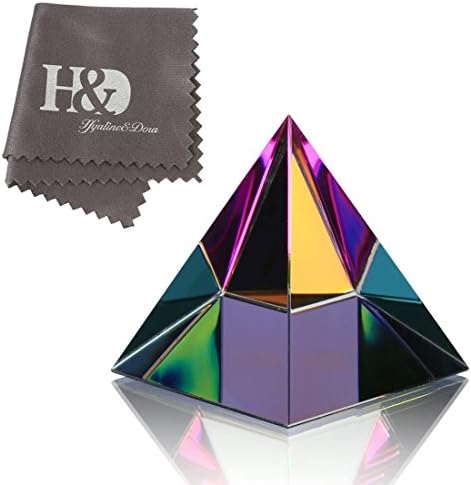 H&D HYALINE & DORA 2 inch Crystal Iridescent Pyramid Paperweight With Gift Box,Rainbow Colors Glass Ornaments Table Decor