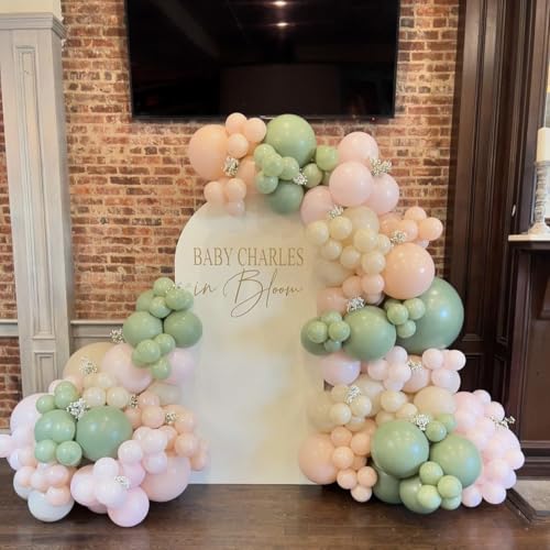 Image of Pink and Green Balloons, 12 Inch Sage Green and Light Pink Gold White Balloons for Easter Birthday Bridal Shower Baby in Bloom Baby Shower Decorations