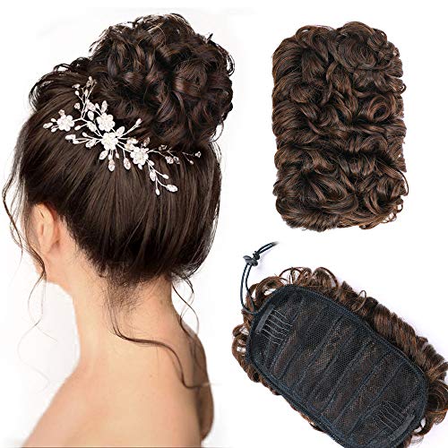 Messy Curly Dish Hair Bun Extension Easy Stretch hair Clip in Ponytail Extension Scrunchie Updo Chignon Tray Ponytail Hairpieces (Darkest Brown & Light Auburn Mixed -2/30#)