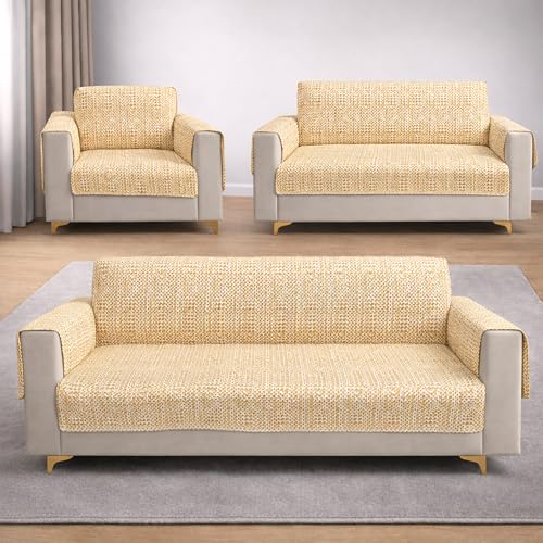 Image of Homerz Premium 6(3+2+1) Seater Quilted Reversible Sofa Cover Mat with Pocket Arms | Polyester Blend 350 GSM Full Coverage & Back Belt for Stability (Sylvara, 6(3+2+1) Seater)