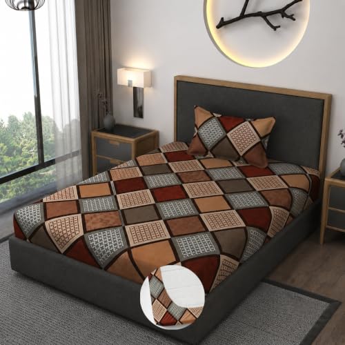 Image of Premium Heavy Cotton Elastic Fitted Bedsheets with 1 King Size Pillow Covers || Single Bed with All Around Elastic 350 TC || 36 x 78 x 6 Inch Single Size Fitted || :- Multi Box