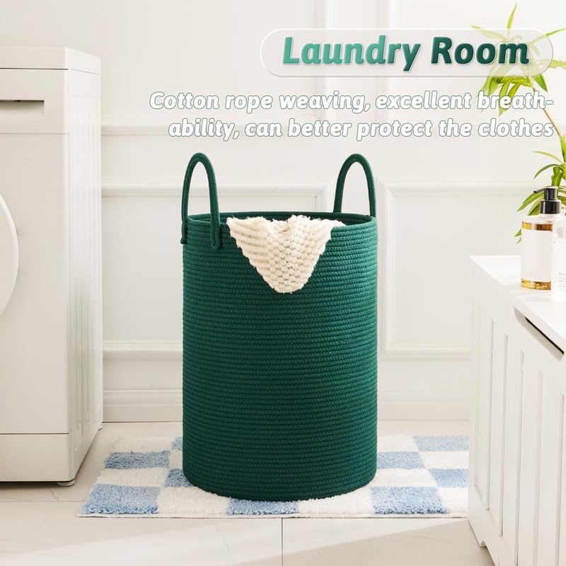 Image of Jute Cotton Rope Laundry Basket with Handles, Large Tall Clothes Hamper for Bedroom, Baby Nursery, Bathroom, Laundry Room & Home Storage Organizer (15x18 Inch, Green)