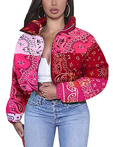 Bianstore Women s Bandana Print Crop Puffer Jacket Stand Collar Long Sleeve Bubble Coat(Red-M)