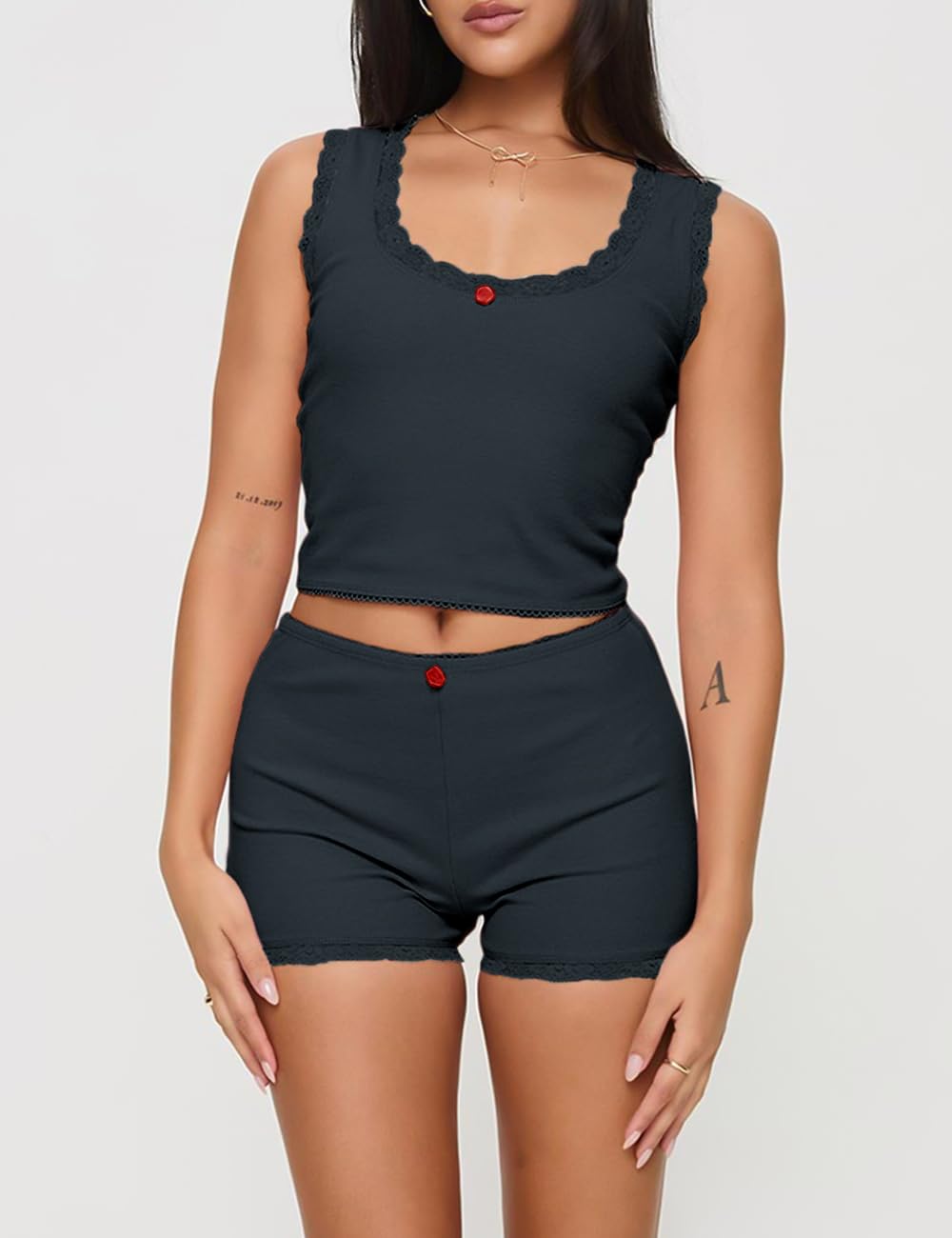 Supersun Pajama Sets For Women 2 Piece Ribbed Tank Top With Lace Trim High-rise Shorts Scooped Neckline Cute Pajamas Sleep Sets Wine Red, Medium: Navy Medium