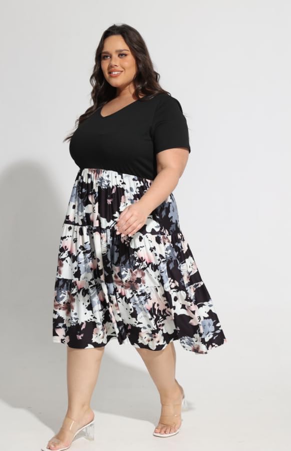 CARCOS Plus Size Dresses for Women Summer Short Sleeve V Neck Patchwork Dresseses XL-5XL - Image 3