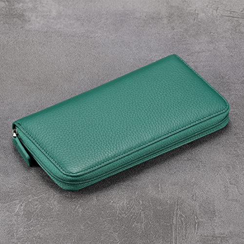Image of HISCOW Leather Checkbook Cover, Zippered Wallet, Pebbled Green | Full grain cowhide, 5cc & ID window, personal check book & register pockets, removable duplicate divider, women secure zipper