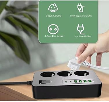 Çoklu Priz 3 AC Soket + 5 USB (2 USB-C, 3 USB-A) - 2 Metre Kablo, Çocuk Korumalı, 3000W Güç, Isıya Dayanıklı, Anahtarlı Uzatma Kablosu