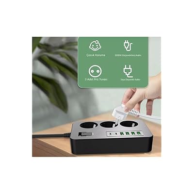 Çoklu Priz 3 AC Soket + 5 USB (2 USB-C, 3 USB-A) - 2 Metre Kablo, Çocuk Korumalı, 3000W Güç, Isıya Dayanıklı, Anahtarlı Uzatma Kablosu