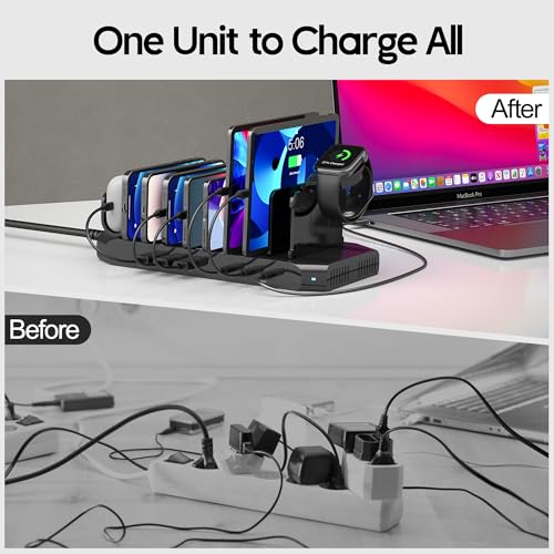 Image of Unitek USB C Charging Station for Multiple Devices Apple - 6 Port MacBook Laptop Charging Dock with Type-C PD 60W Fireproof Fast Charging Stand with Smartwatch & Airpods Holder for iPhone iPad Tablet