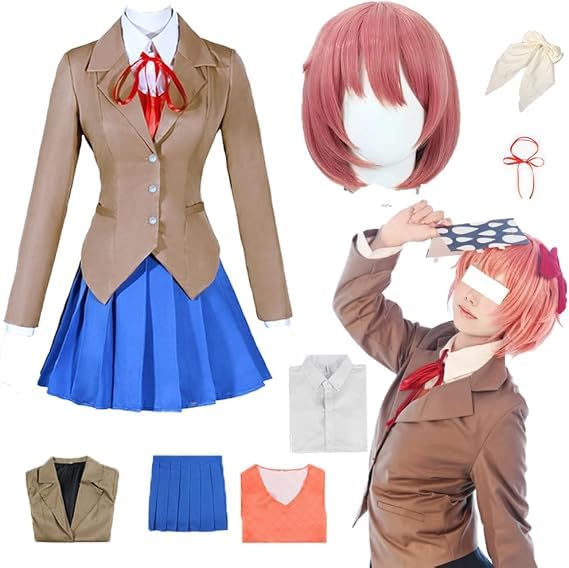 Women's Classic School Attire, Suit Jacket Shirt, Ribbon Pleated Skirt, Halloween Makeup Outfit Complete Set (Brown+Wig 2, S)