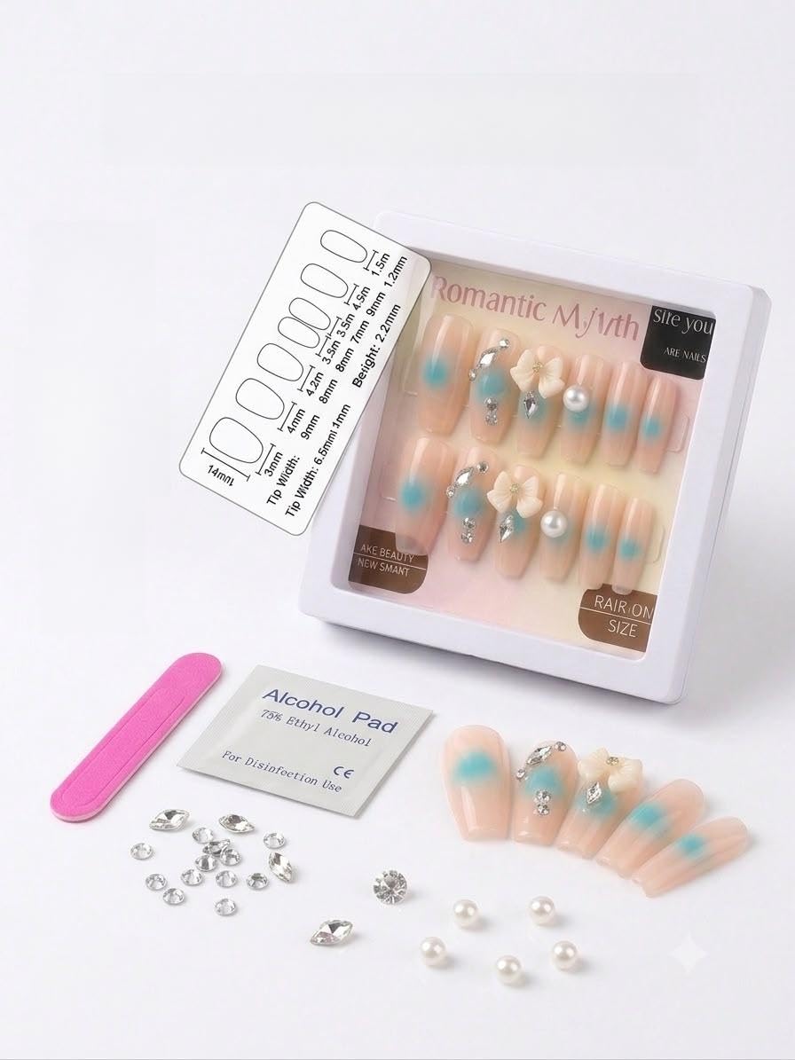 Romantic Beauty Press-On Nails, Reuseable with 3D Bow, Pearl & Rhinestone | Blue Floral Accent, Easy Application, Global Size Chart, Includes Nail File, Coffin Shape-image-14