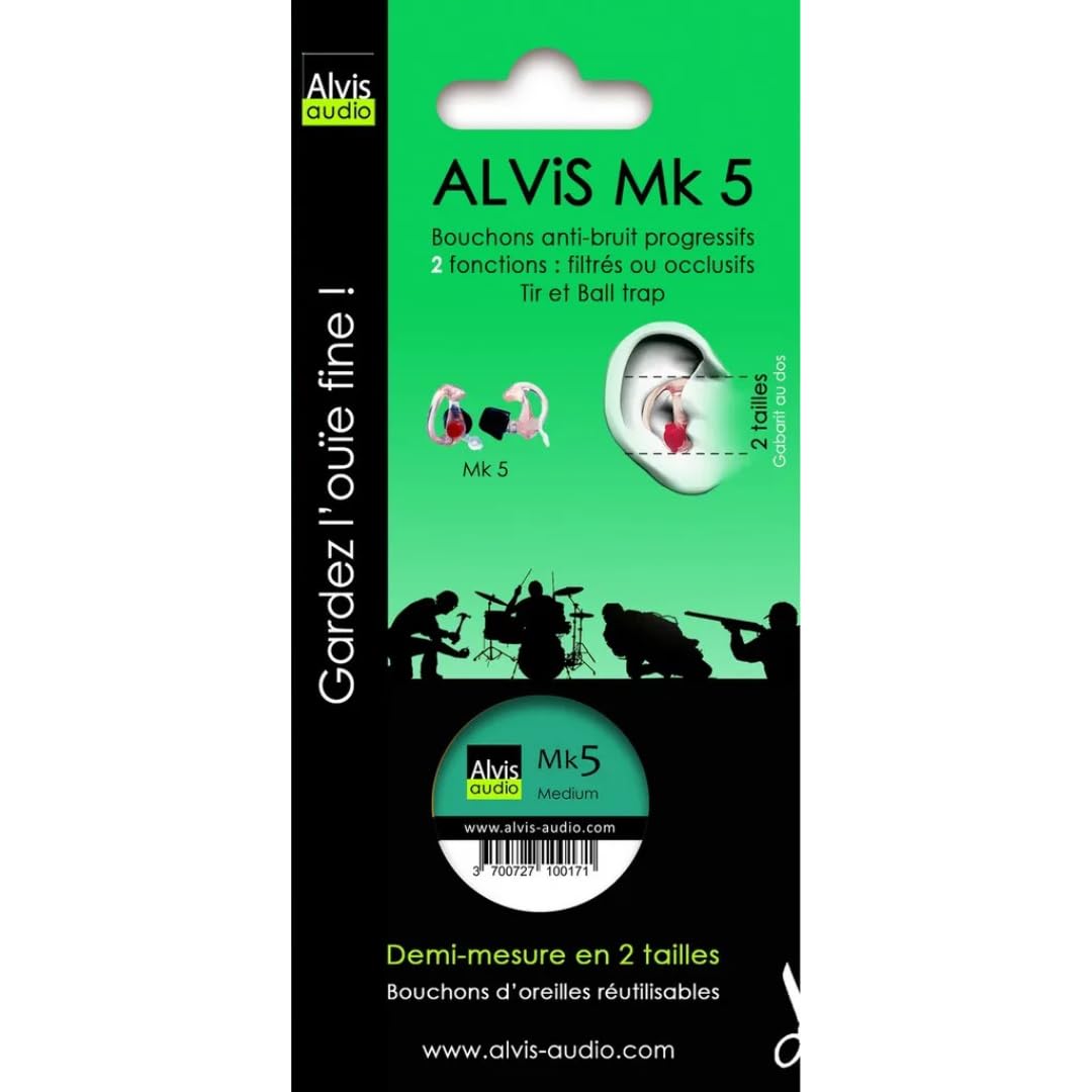ALVIS Mk5 Taille M — Bouchon Oreille Demi-Mesure Progressif SNR 33 dB, Mousse Comply Interchangeable, Certifié CE EPI, Silicone Médical, Conque jusqu'à 25 mm