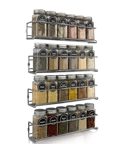 comforder Gewürzregal Wand, 4x Gewürzregal hängend aus Metall für 24 Gläser – 29 x 6 x 6 cm - Gewürz Organizer inkl. Montagematerial zum Kleben oder Bohren (Silber)