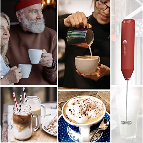 Image of Powerful Milk Frother Handheld Foam Maker, Mini Whisk Drink Mixer for Coffee, Cappuccino, Latte, Matcha, Hot Chocolate, No Stand, Red