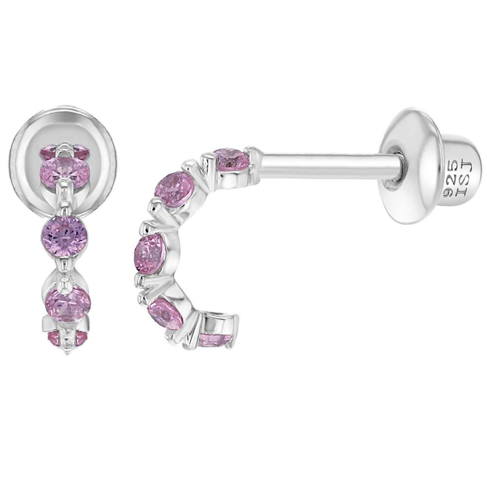 925 Sterling Silver Pink Cubic Zirconia Half Hoop Screw Back Earrings For Young Girls and Pre-Teens- Glittering & Fashionable Hoop Earrings For Daily Use- Exquisite Design