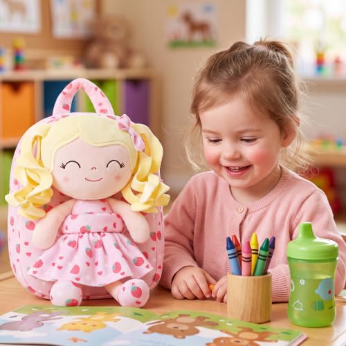 Image of Gloveleya Toddler Backpack Baby Girl Gifts Curly Hair Plush Figures Dress Backpack Kids Backpack Curly Spring Girl Fruit - Strawberry 9inches