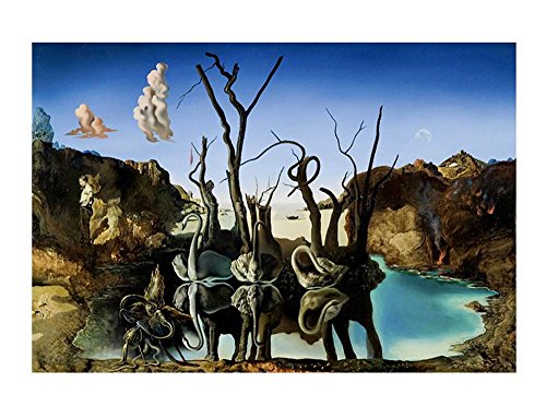 Alonline Art - Swans Reflecting Elephants By Salvador Dali | Framed Stretched Canvas On A Ready To Hang Frame - 100% Cotton - Gallery Wrapped | 30"X20" - 76X51Cm | Wall Art Home Decor For Bedroom #TOP7