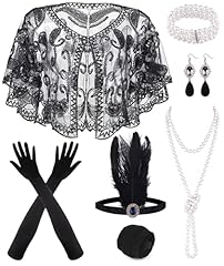 PLULON 10 Pezzi Flapper Anni '20 Grande Gatsby Set di Accessori Moda Roaring Anni '20 Set a Tema con Fascia Copricapo Guanti Neri Lunghi Collana Orecchini per Le Donne (Black)