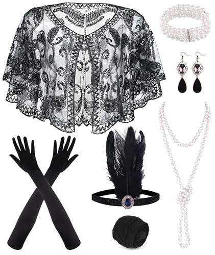 PLULON 10 Piezas 1920s Flapper Gran Gatsby Accesorios Set Moda Roaring 20's Theme Set con Diadema Tocado Largo Negro Guantes Collar Pendientes para Mujer