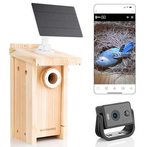 WHITEHORSE Bird House with Camera - Wireless & Solar Powered - Take Photos & Videos from Your Phone (Free App) - Get Notified When a Bird is Detected- Bluebird Nestbox Built to NABS Specs (15” Floor)