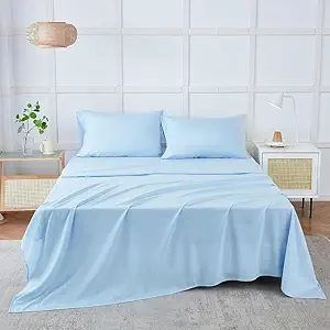 Amazon Brand Umi Plain Colour Double Bedsheet Soft Brushed Microfiber Fabric Shrinkage & Fade Resistant Solid Colour Bedsheet 1 King Size Bedsheet and 2 Pillow Covers (90x100 Inches, Sky Blue)