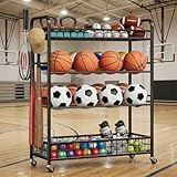 Garvee Garage Sports Equipment Organizer, Rolling Ball Storage Rack with Wheels, 4-Tier Sports Gear Organizer with Basketball Racks, Bat Holder & Hooks, Metal Toy Storage Cart for Garage, Home, Outdoo