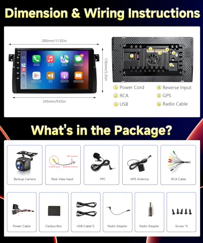 VQU 8Core Android Radio for BMW 3 Series 328i E46 325i 330i 1998-2005, M3 2000-2006 Stereo Wireless CarPlay Android Auto, 9" IPS Touch Screen for BMW 328xi GPS WiFi/Bluetooth/SWC/FM/RDS/DSP/EQ/Camera - image 7