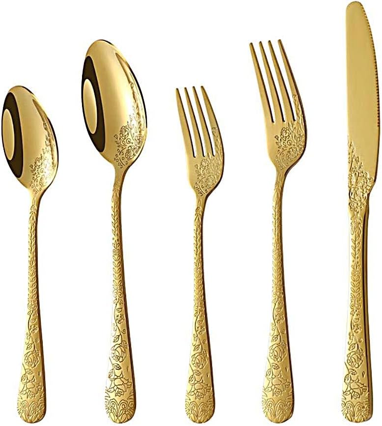 Stainless Steel Cutlery Set, 20 Piece Rose Printing Silverware Set With Knife Fork Spoon, Kitchen Tableware(Gold)