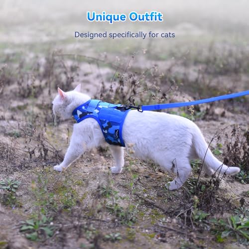 Image of Tactical Kitty Harness and Leash for Walking Escape Proof Breathable Mesh Fabric, Ocean Camo, X-Small, Adjustable Cat Walking Jackets, Padded Stylish Cat Vest